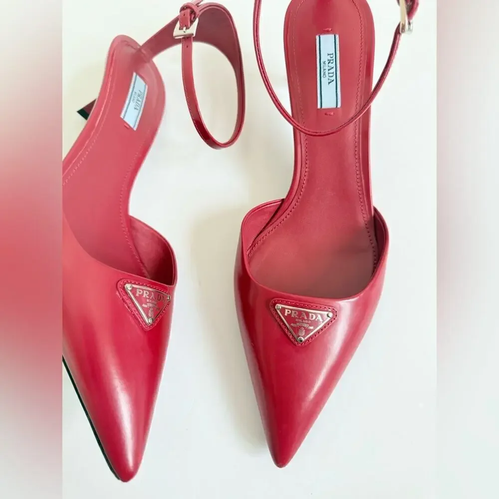 Prada Scarlet Red Leather Logo Plaque pointed toe ankle strap pumps EU 40